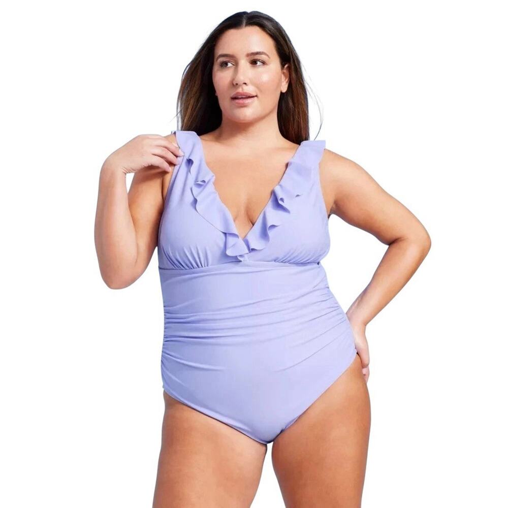 Shade & Shore One Piece Swimsuit Womens 16 Purple Ruffle V-Neck Ruched Pool NEW